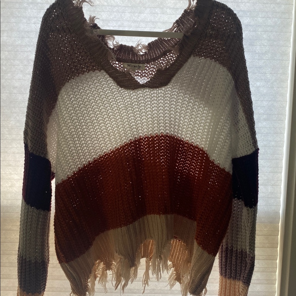 Striped Knit Sweater with Fringe